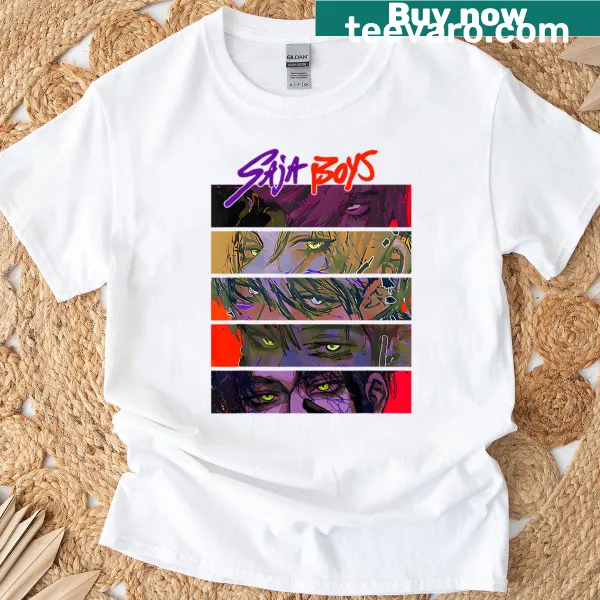 Playful Saja Boys T-shirt featuring cartoon characters