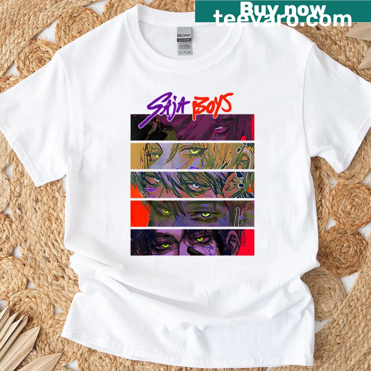 Playful Saja Boys T-shirt featuring cartoon characters — on a men's t-shirt