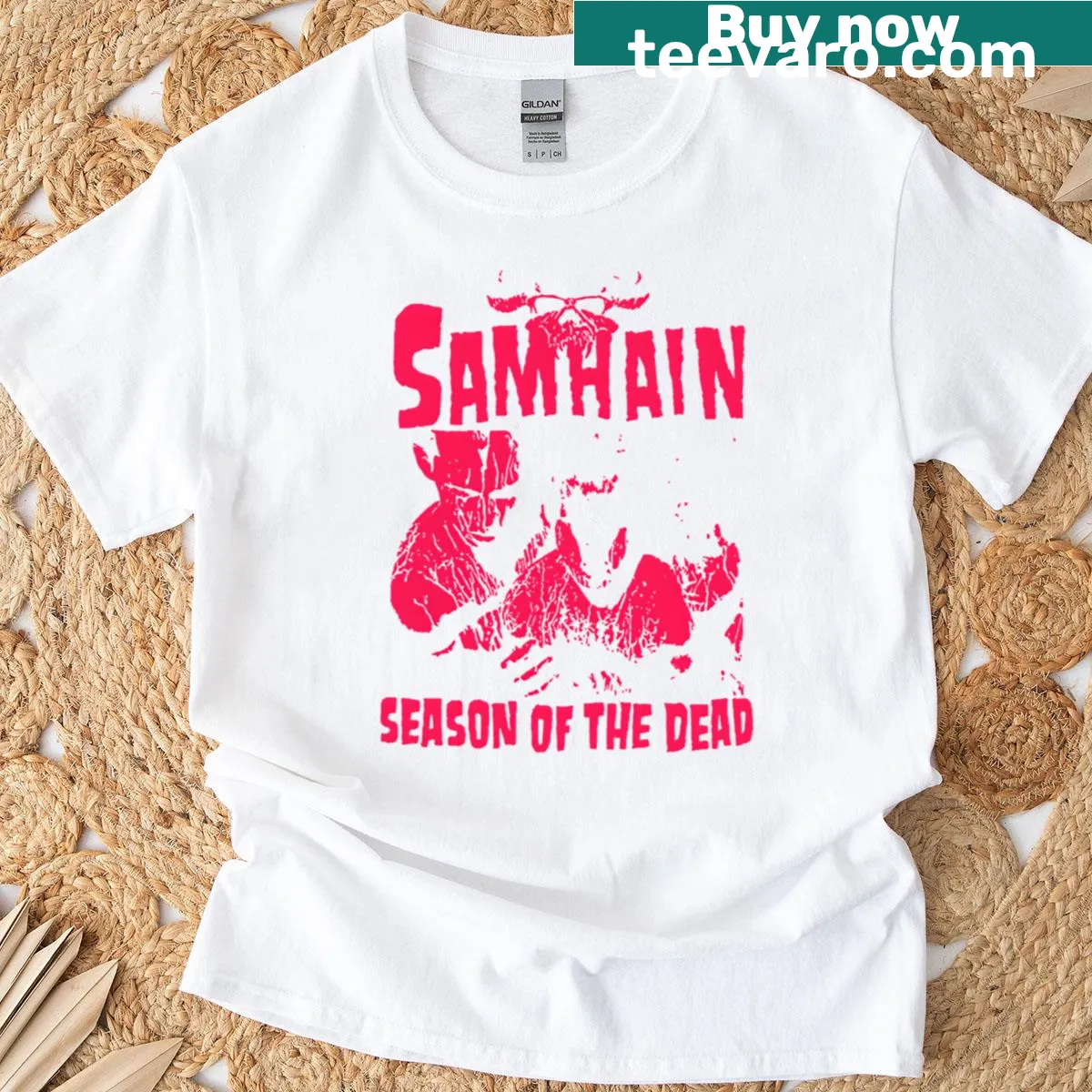 T-shirt celebrating Samhain with imagery related to the Season of the Dead. — on a men's t-shirt