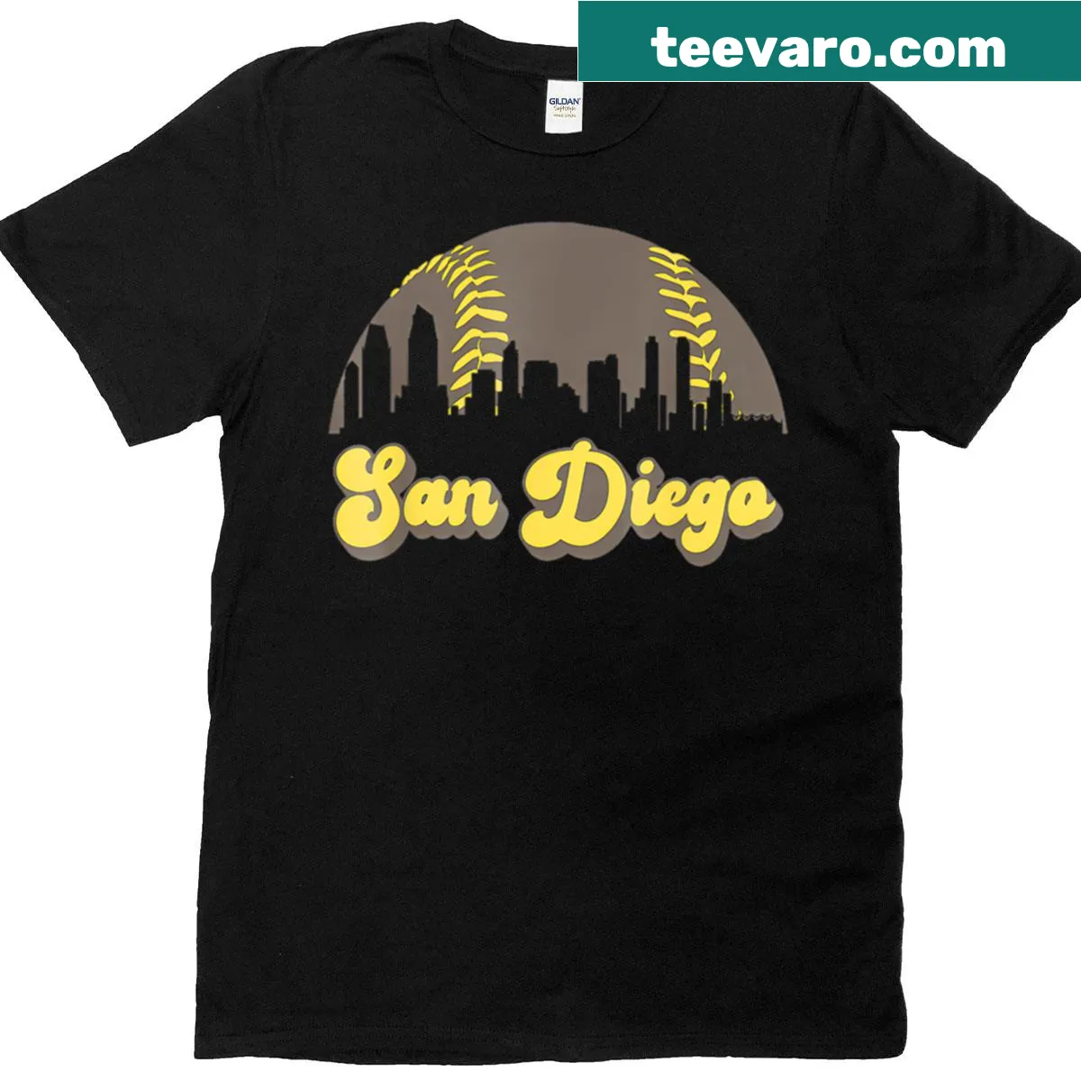 Vintage San Diego baseball shirt with retro skyline design — on a men's t-shirt