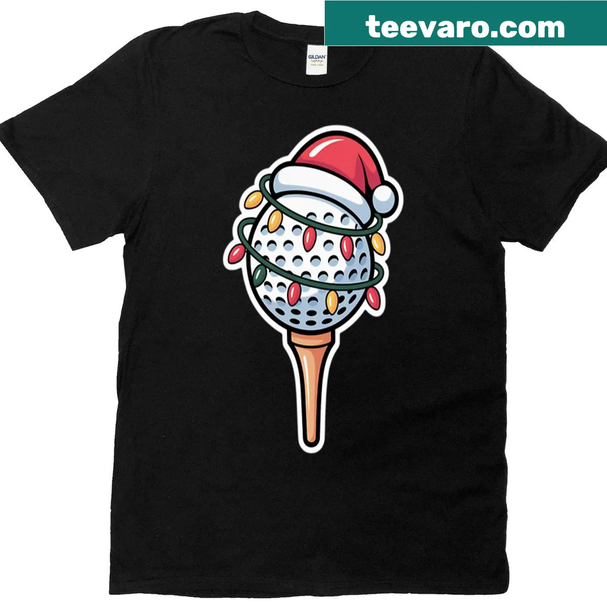 Christmas t-shirt featuring Santa holding a golf ball — on a men's t-shirt
