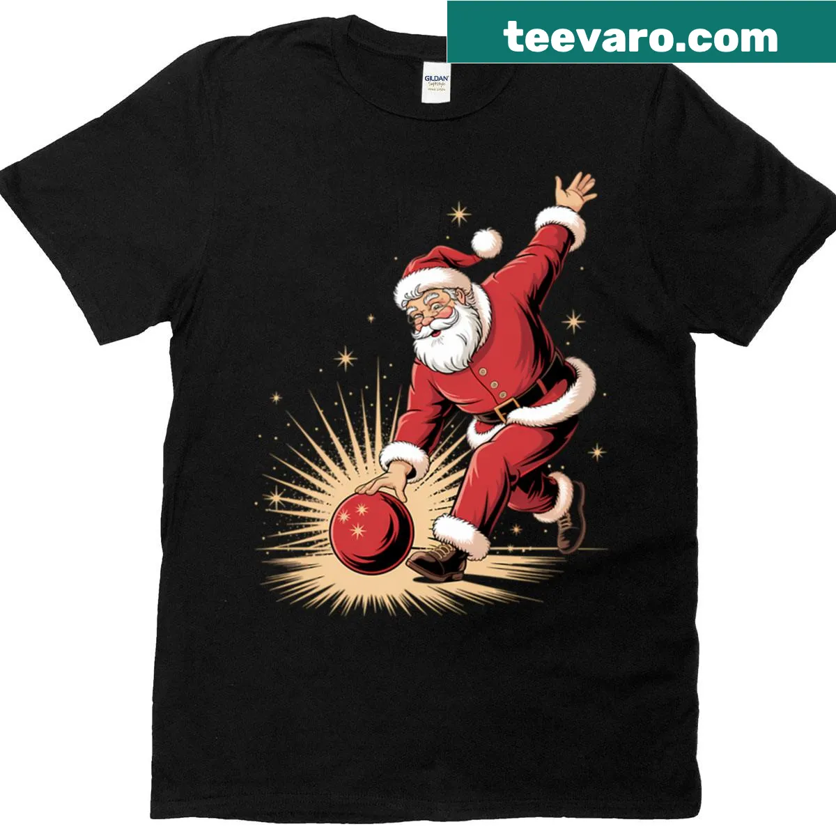 Santa Claus bowling graphic t-shirt — on a men's t-shirt
