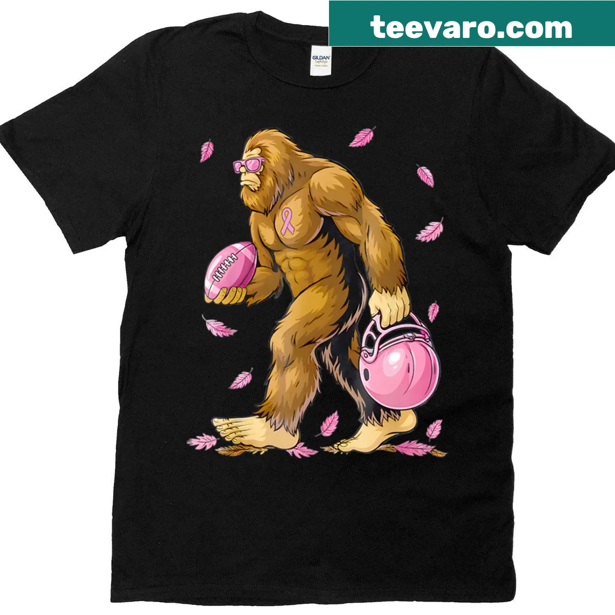 Sasquatch football t-shirt with a pink ribbon design — on a men's t-shirt