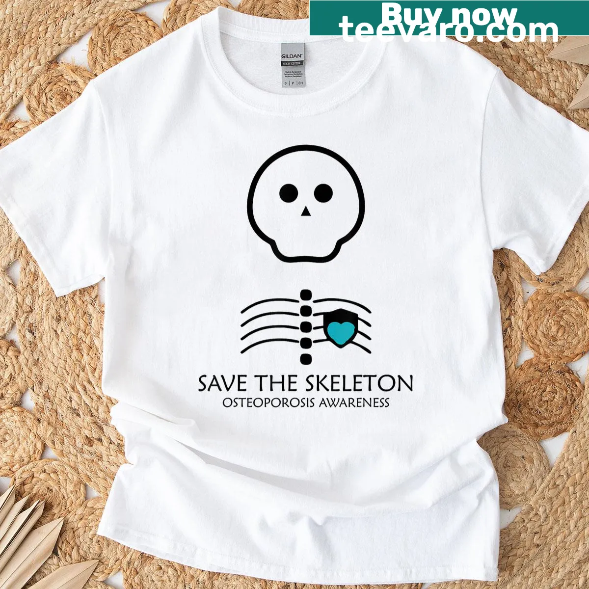 T-shirt with a playful skeleton design promoting osteoporosis awareness — on a men's t-shirt