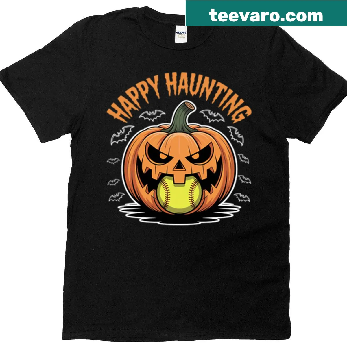 Halloween-themed softball t-shirt with jack-o-lantern design — on a men's t-shirt