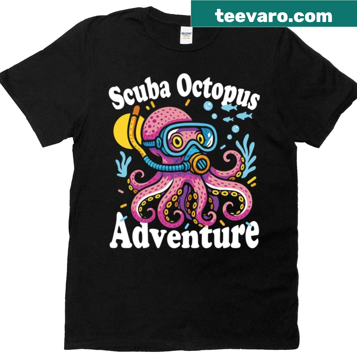 Illustration of an octopus exploring the sea on a t-shirt — on a men's t-shirt