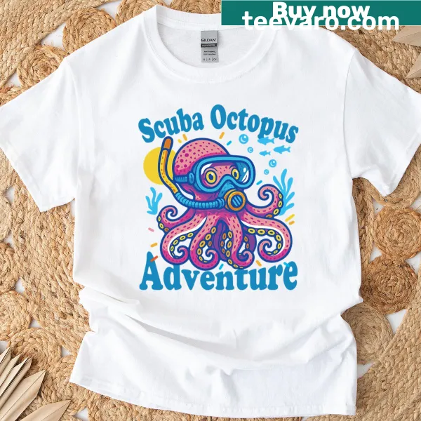 Illustrative T-shirt featuring a scuba diver with an octopus