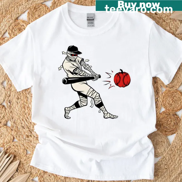 Sumi-e style T-shirt featuring a mummy, pumpkin, and baseball