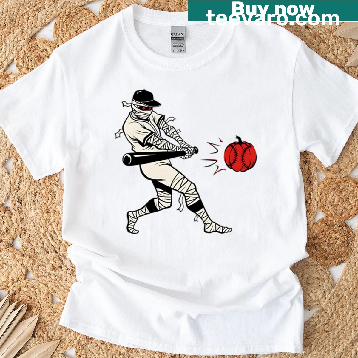 Sumi-e style T-shirt featuring a mummy, pumpkin, and baseball — on a men's t-shirt
