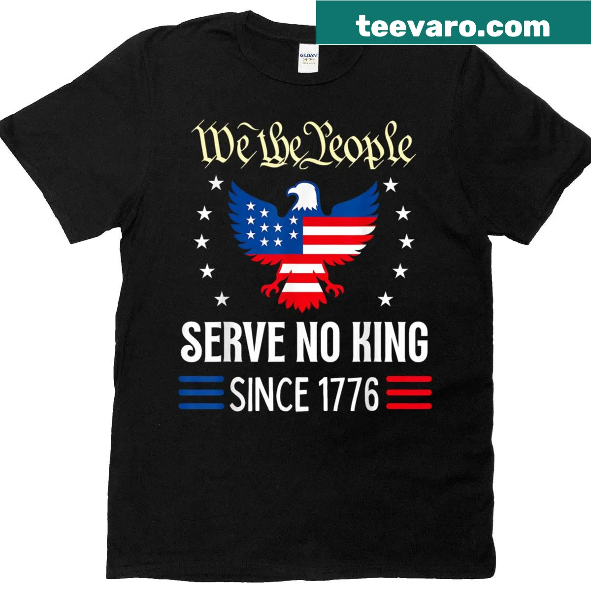 Patriotic t-shirt with eagle and 'Serve No King Since 1776' text. — on a men's t-shirt
