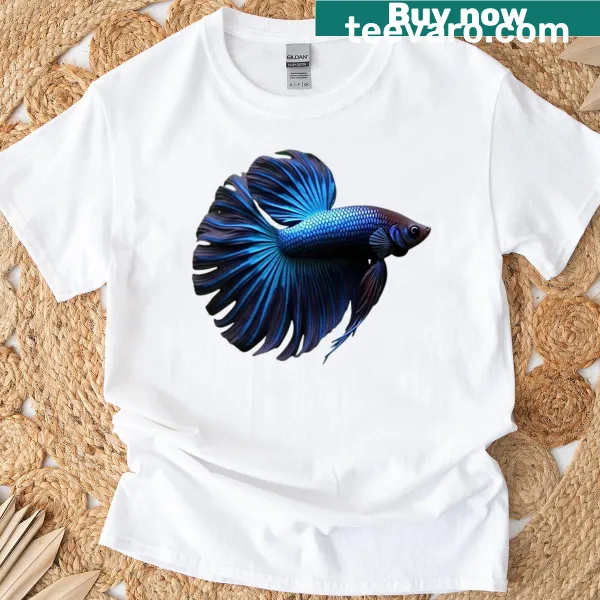 Deep blue Betta fish T-shirt design with shadow waves