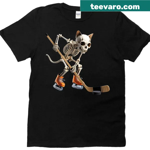 Funny skeleton cat in hockey gear on an ice rink.