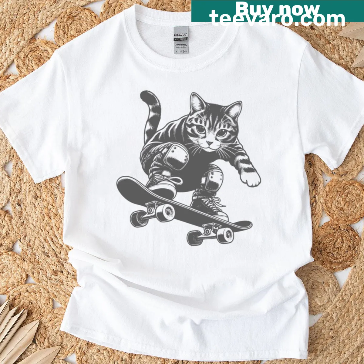 Cartoon design of a skateboarding cat on a T-shirt — on a men's t-shirt