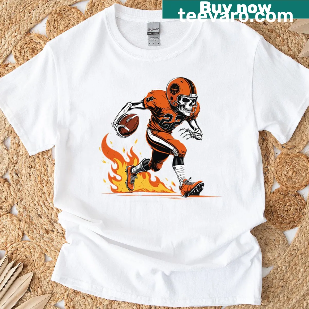 Retro T-shirt featuring a skeleton in flames playing football — on a men's t-shirt