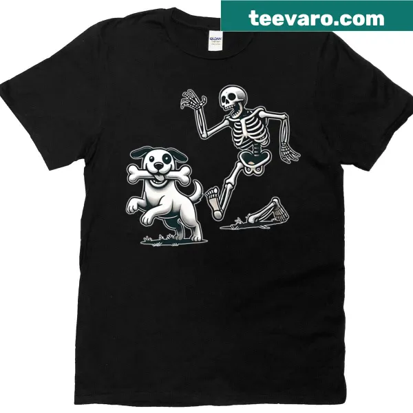 Cartoon skeleton chasing a dog graphic t-shirt