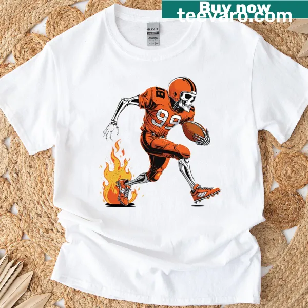 Retro T-shirt depicting a skeleton running with flames during football