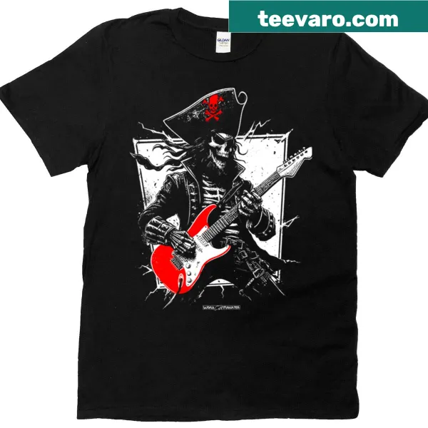 Cartoon skeleton pirate playing guitar in a humorous design