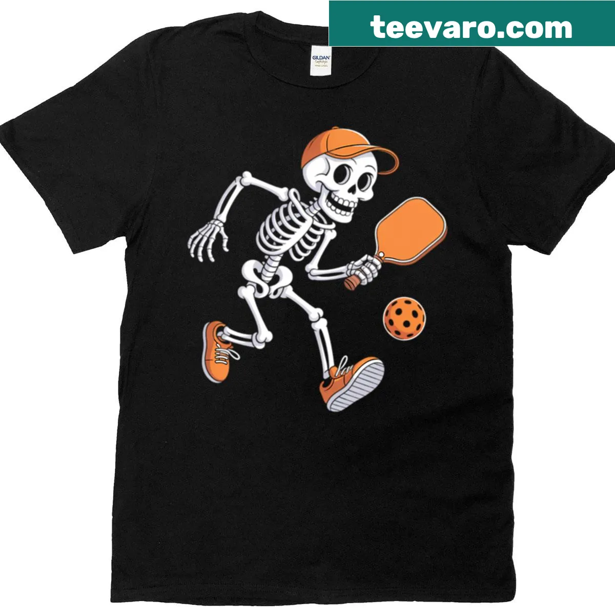 Skeleton playing pickleball Halloween t-shirt — on a men's t-shirt