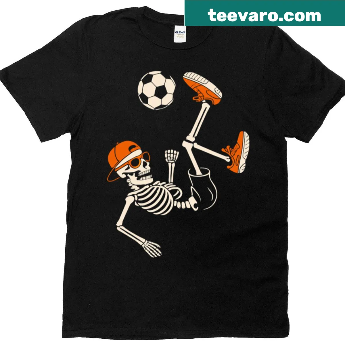Funny Halloween soccer skeleton design on t-shirt — on a men's t-shirt