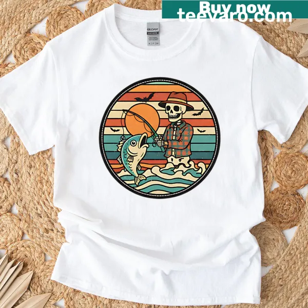 Funny t-shirt with a skeleton fishing at sunset for Halloween