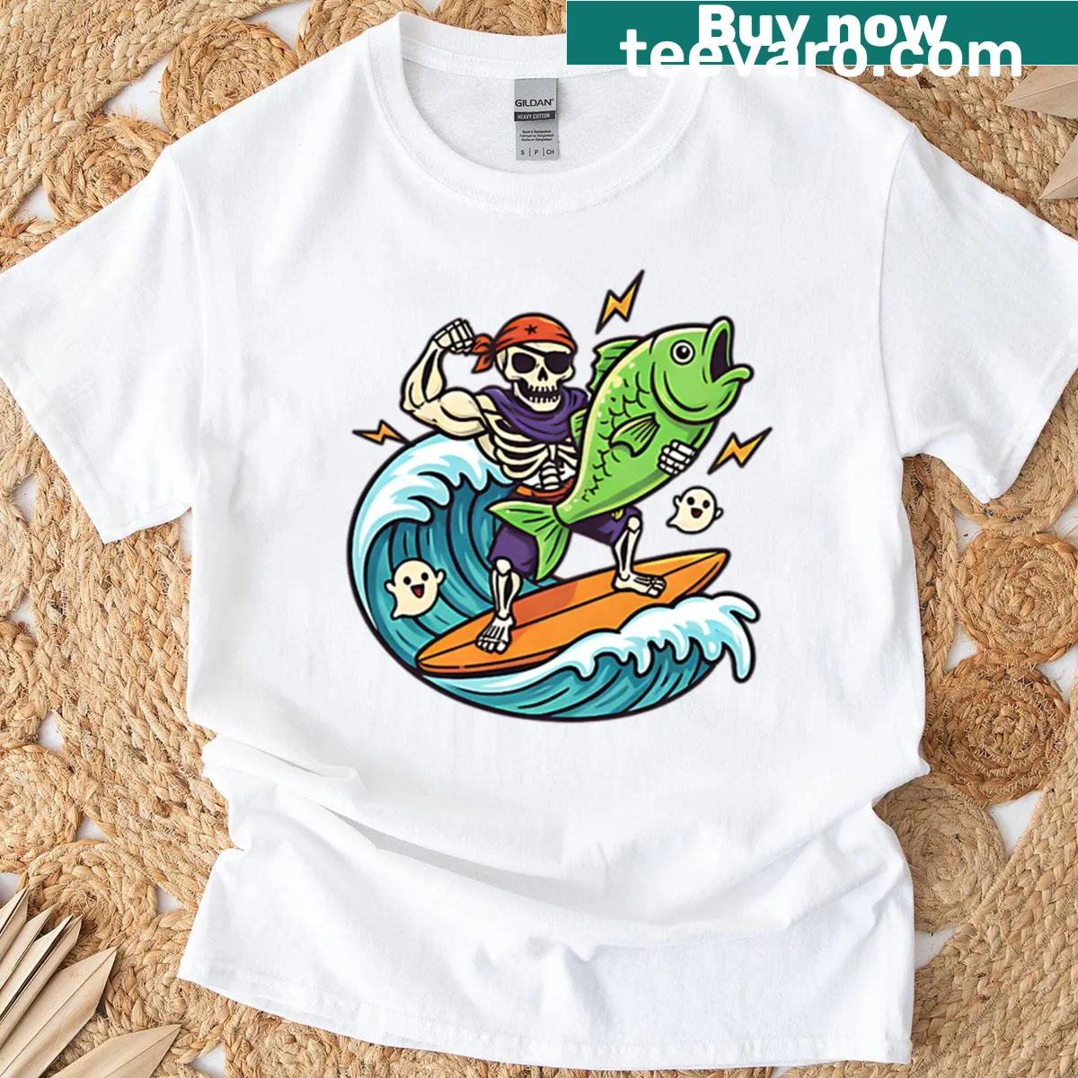 Skeleton surfing on a fish with Halloween elements for ocean lovers. — on a men's t-shirt