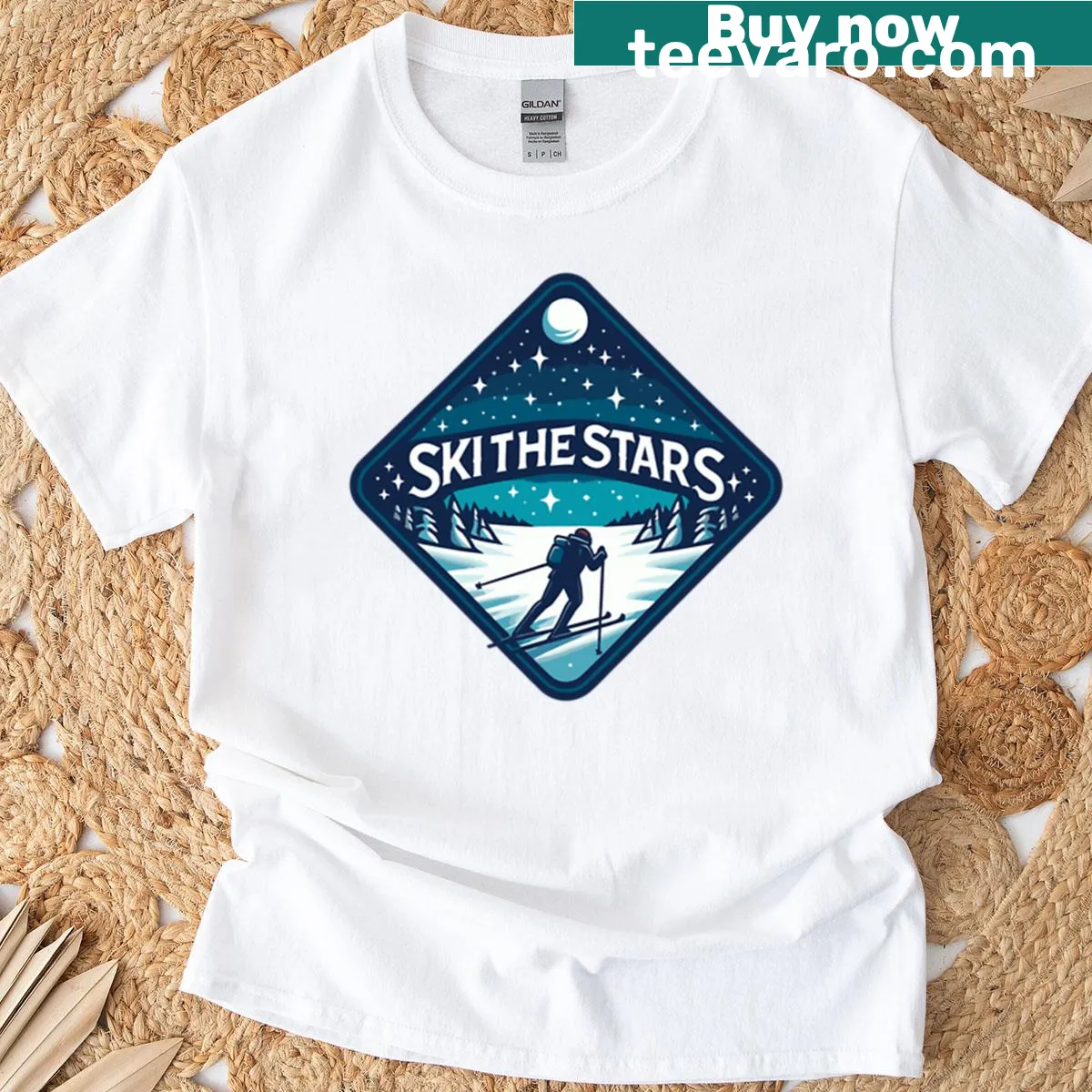 Illustrative design of a skier skiing among stars on a T-shirt. — on a men's t-shirt