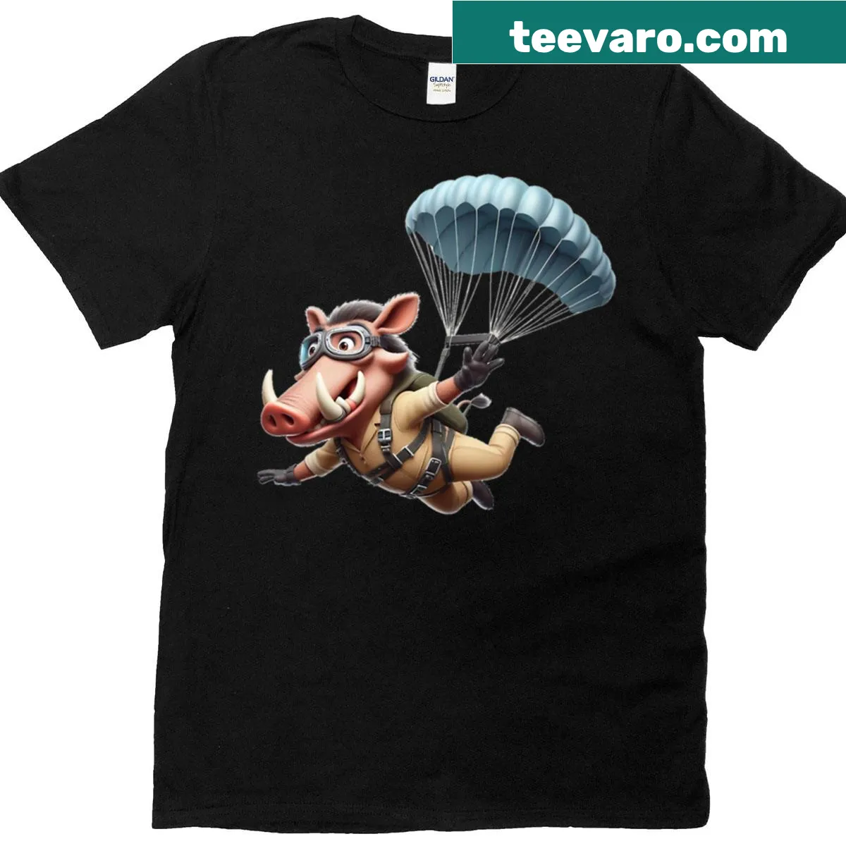 Illustration of a warthog skydiving on a t-shirt — on a men's t-shirt