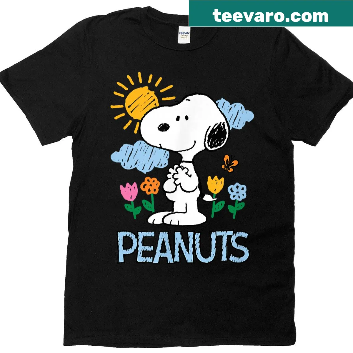Snoopy surrounded by spring flowers on a cheerful t-shirt. — on a men's t-shirt