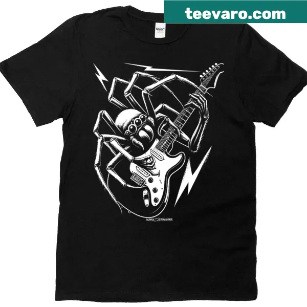 Illustration of a spider playing an electric guitar on a t-shirt