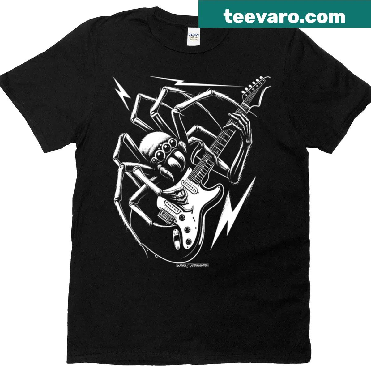 Illustration of a spider playing an electric guitar on a t-shirt — on a men's t-shirt