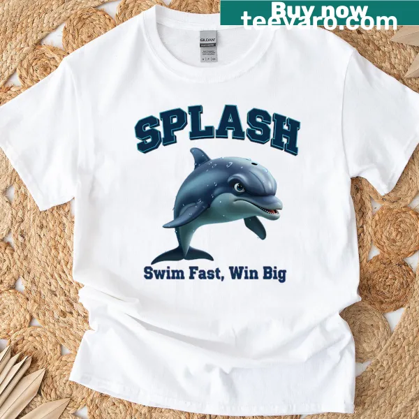 Playful dolphin design on a T-shirt, depicting dolphins swimming.