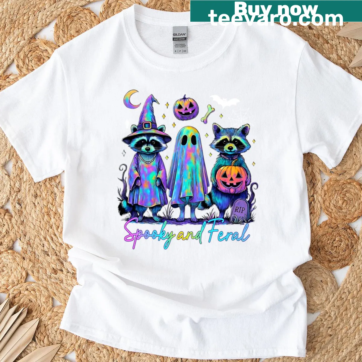 Edgy raccoon graphic for Halloween T-shirt — on a men's t-shirt