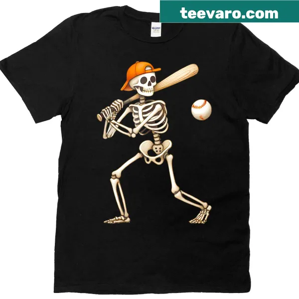 Skeleton baseball batter graphic for Halloween on a t-shirt