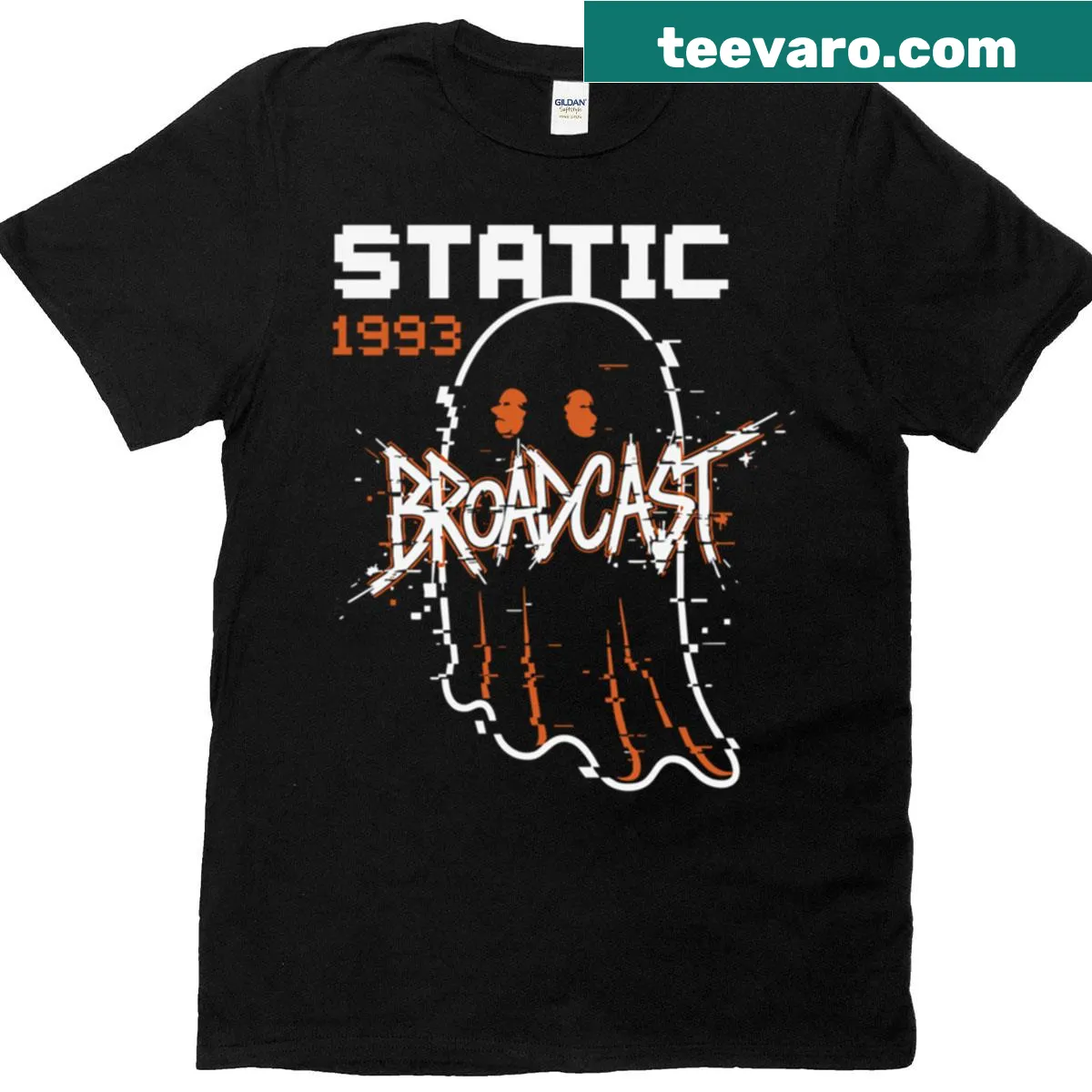 Glitchy ghost design with retro horror broadcast aesthetics on a tee — on a men's t-shirt