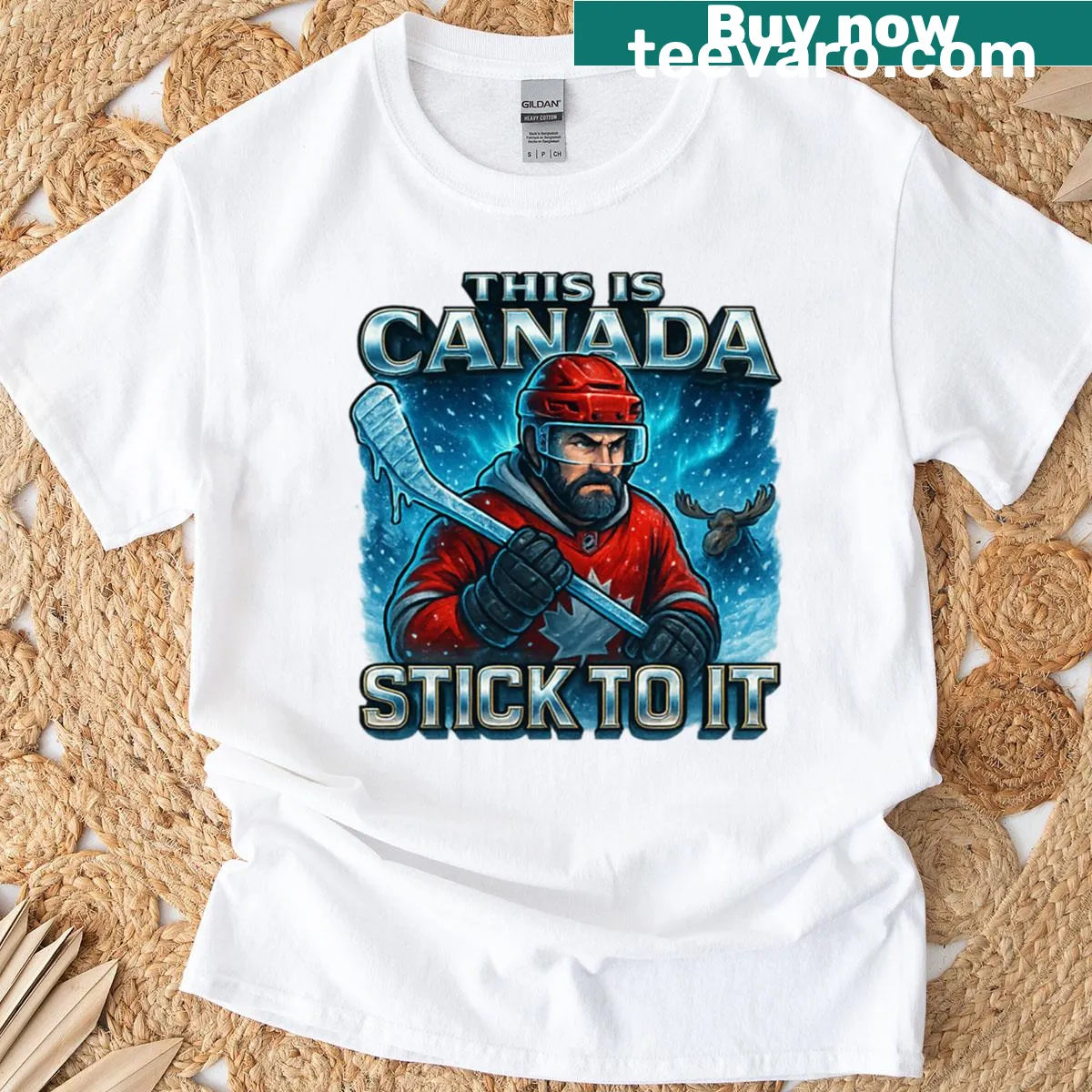 Dynamic hockey t-shirt featuring Stick To It and maple leaf design — on a men's t-shirt