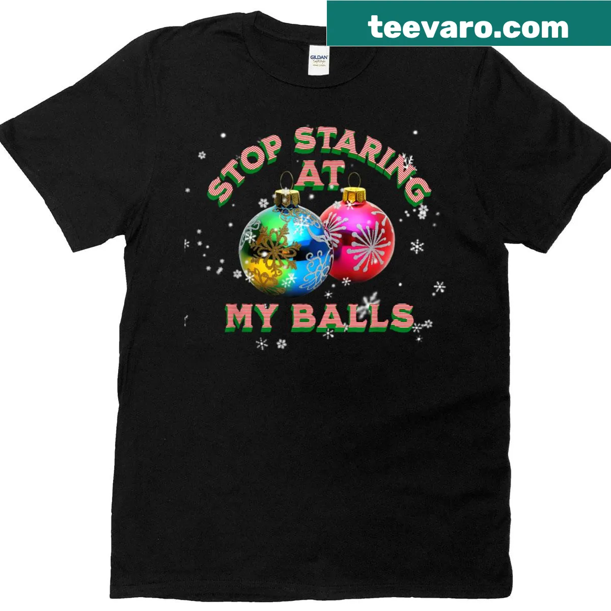 Humorous Christmas t-shirt with text about staring at balls — on a men's t-shirt