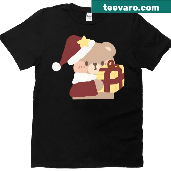 Cartoon bear holding a present on a cute t-shirt for kids