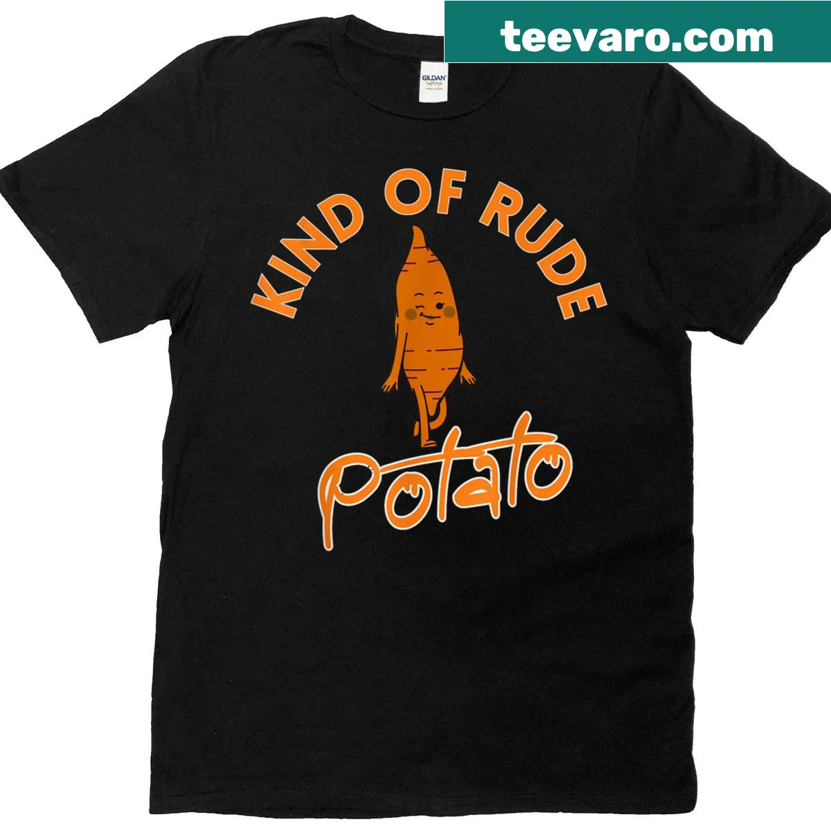 Cartoonish sweet potato and rude potato graphic t-shirt — on a men's t-shirt