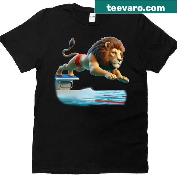 Whimsical swimming lion graphic on a t-shirt