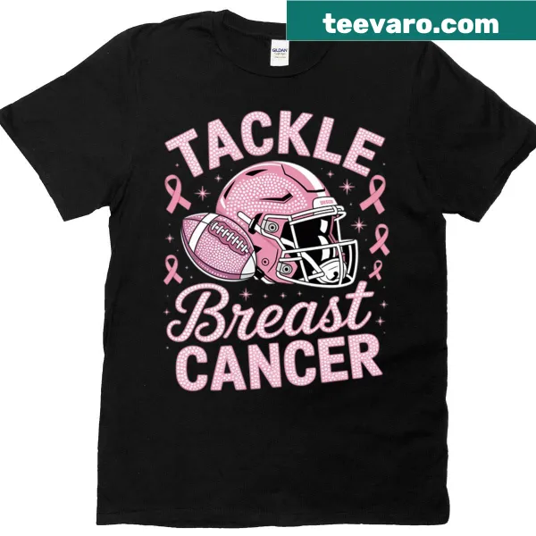 Pink ribbon and football themed graphic promoting breast cancer awareness on a t-shirt