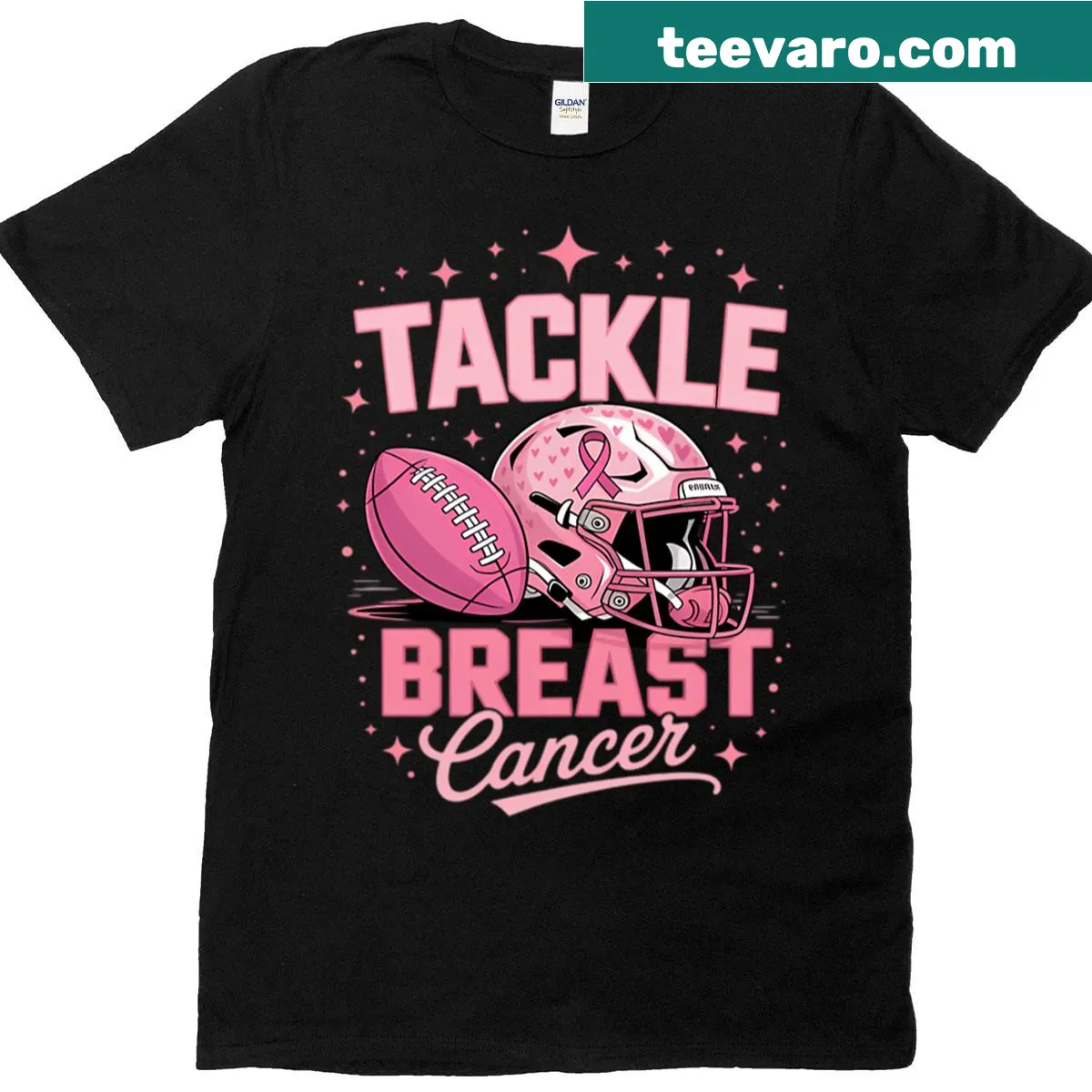 Football graphic with pink theme for breast cancer awareness — on a men's t-shirt