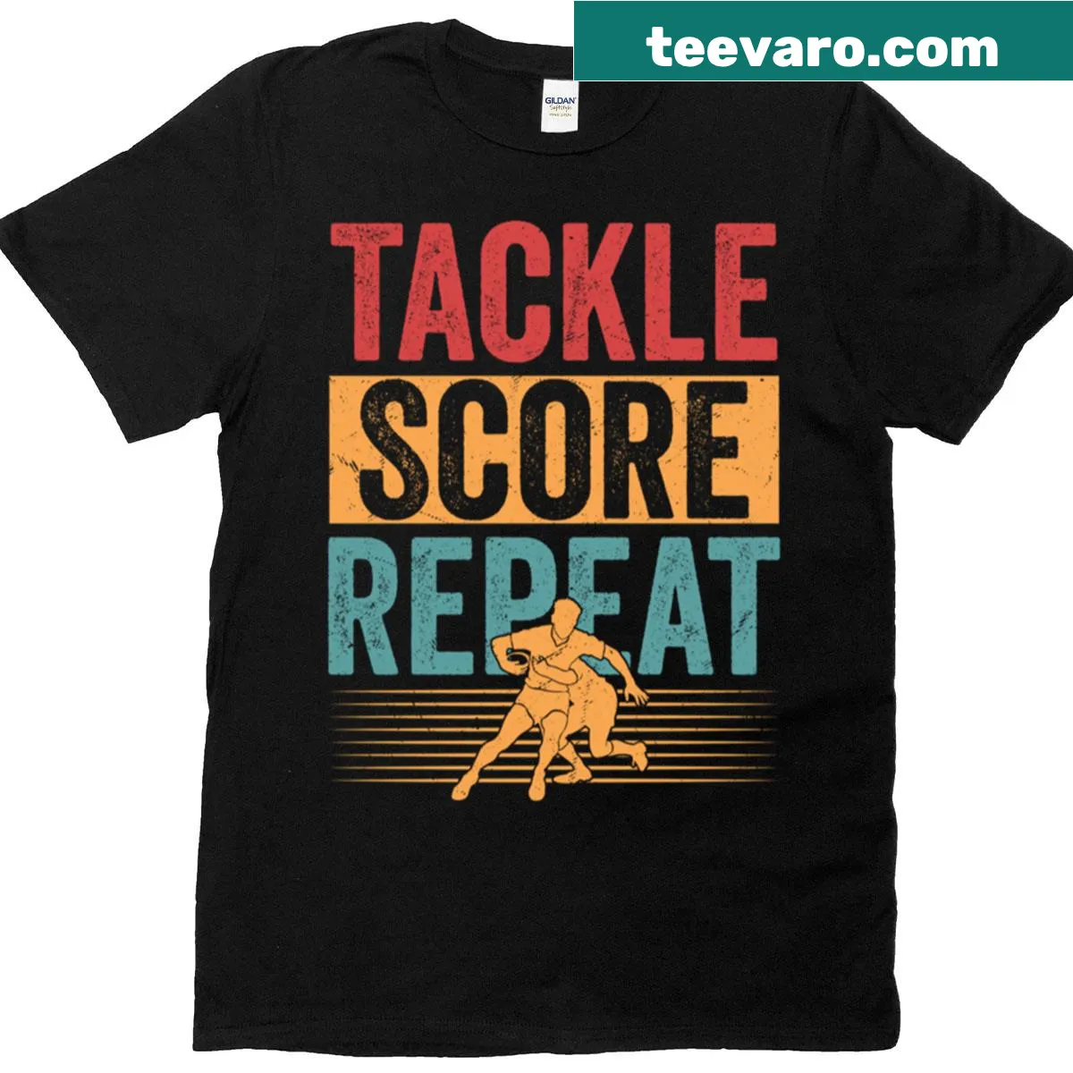 Football t-shirt with 'Tackle Score Repeat' phrase — on a men's t-shirt