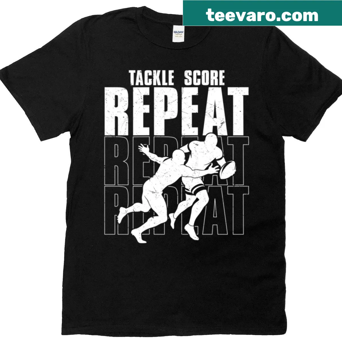 Football-themed t-shirt with the phrase Tackle Score Repeat — on a men's t-shirt
