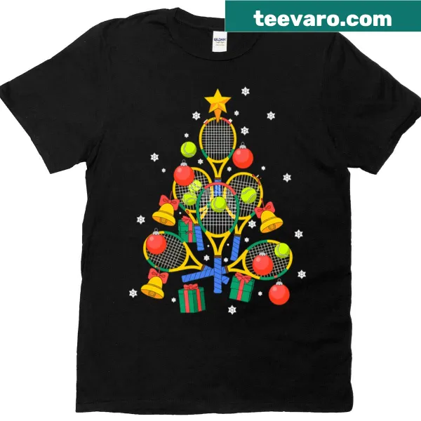 Cartoon-style Christmas tree decorated with tennis elements on a t-shirt