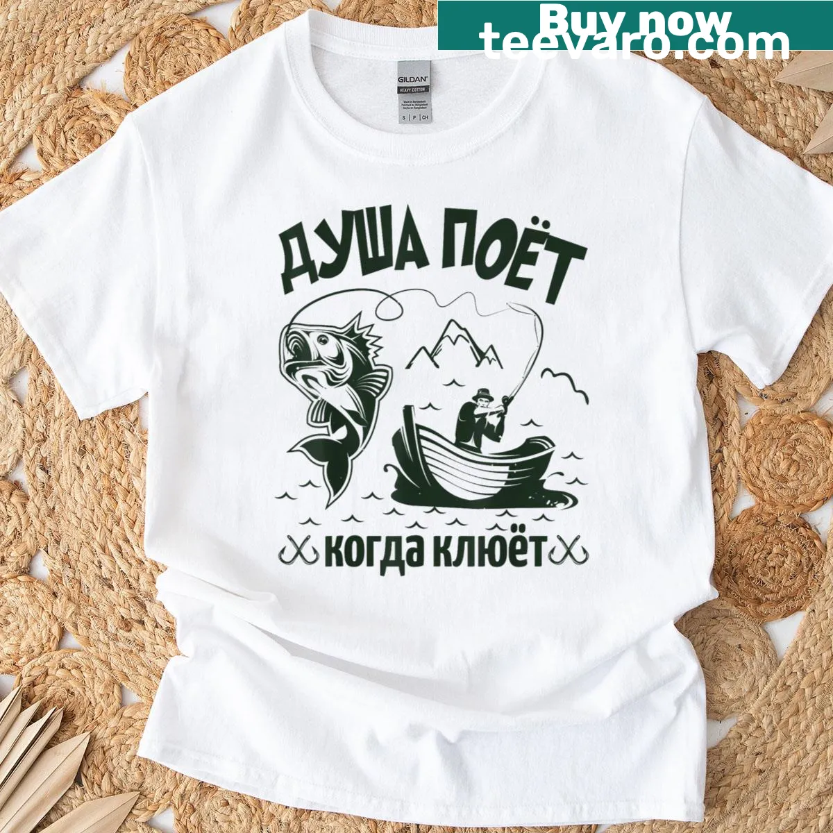 Line-art T-shirt with fishing saying in Russian, celebrating angling — on a men's t-shirt