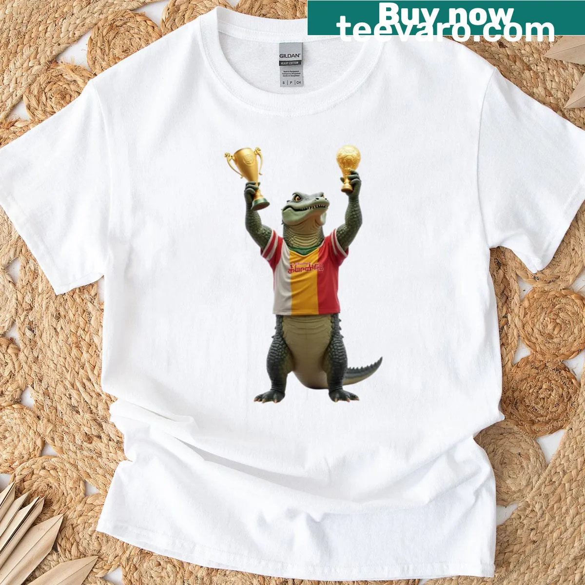T-shirt featuring Crowned Croc branding and sports theme — on a men's t-shirt