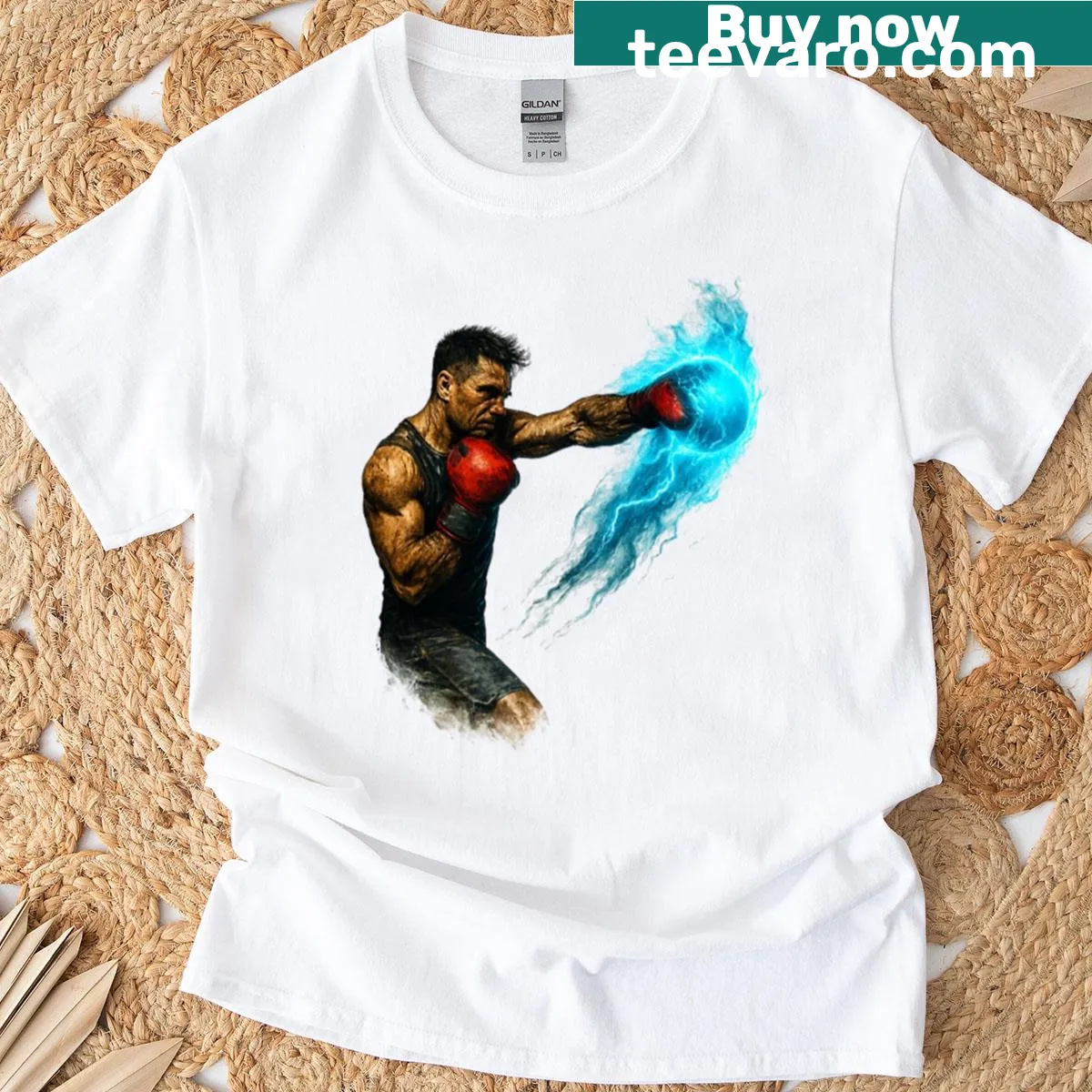 Dynamic boxing T-shirt featuring explosive design and action text — on a men's t-shirt
