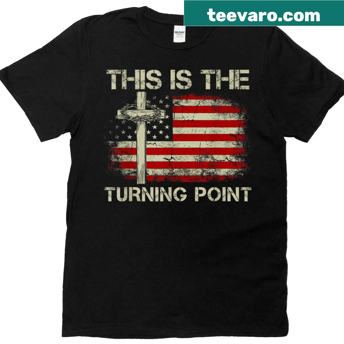 Cross and US flag graphic on a patriotic t-shirt — on a men's t-shirt