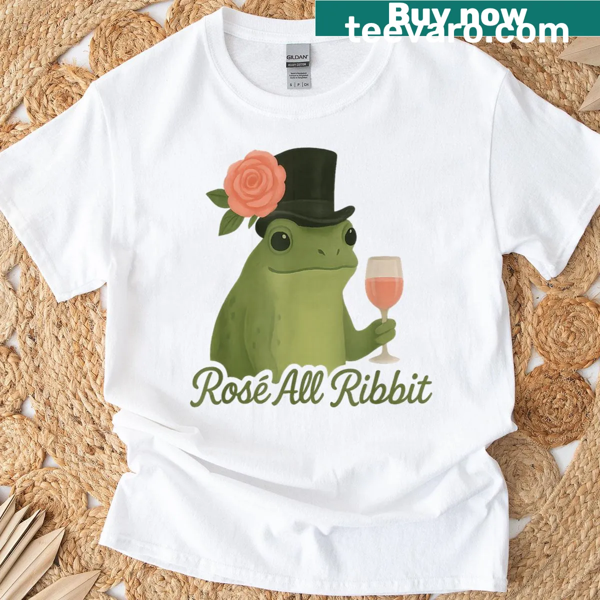 Cute T-shirt with frog, top hat, and rose illustration for wine lovers — on a men's t-shirt