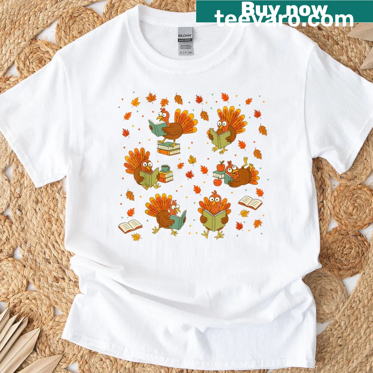 Cartoon turkey reading books, designed for teachers and book lovers — on a men's t-shirt
